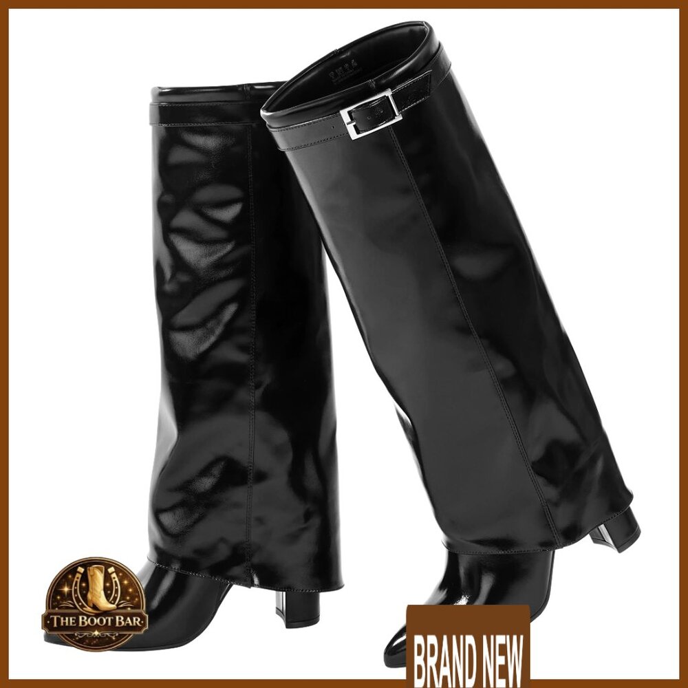 Knee High Boots Chunky Heel Pointed Toe Fold Over Design Side Zipper Tall Boots